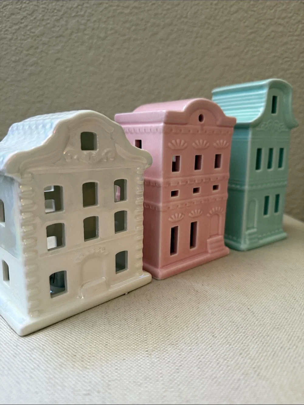 Set-of-3 Ceramic Light-up Village Pieces, 4.5”-6.25” high, bottom on/off switch